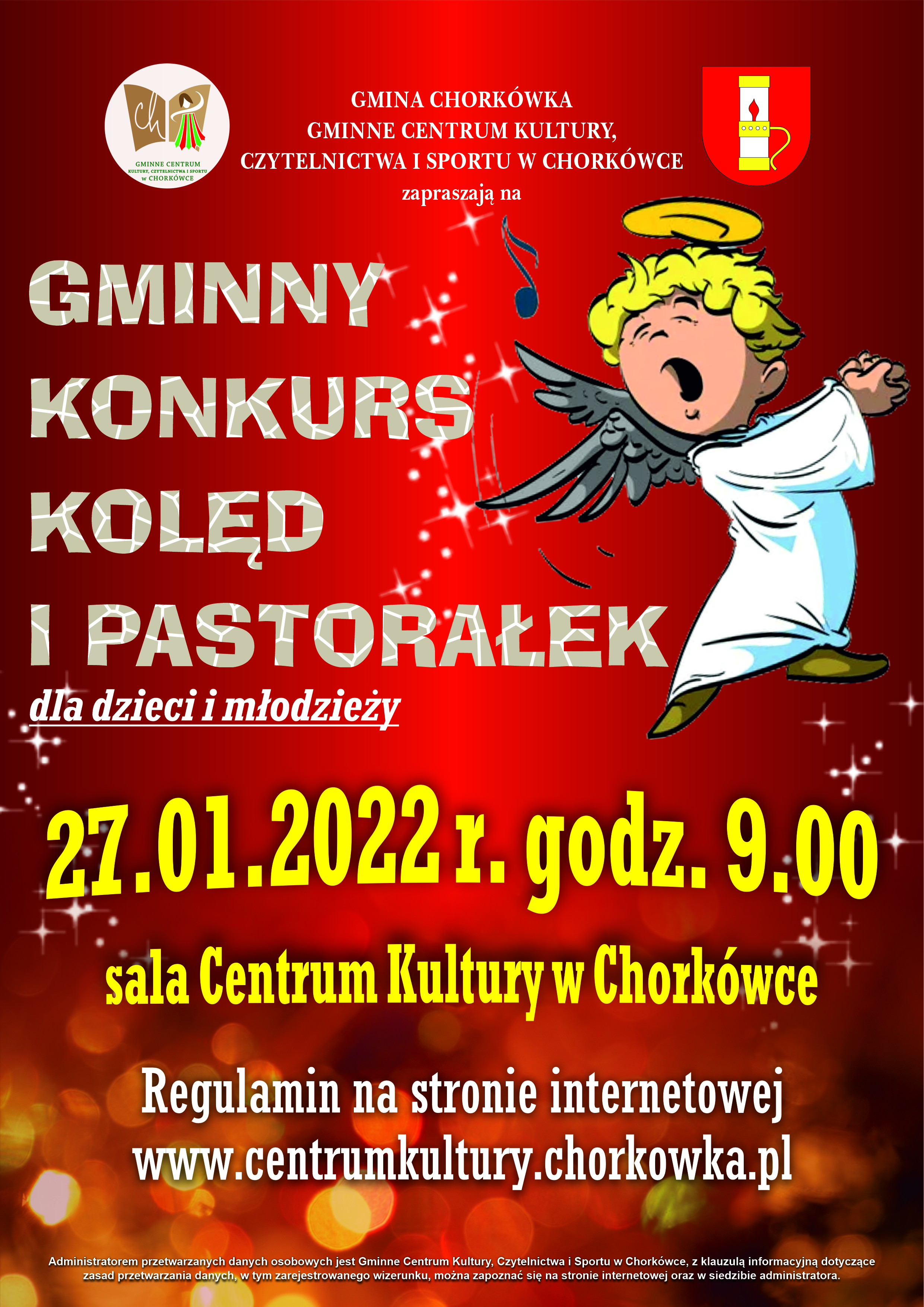 Zdjęcie przedstawia plakat Gminny Konkurs Kolęd i Pastorałek w Centrum Kultury