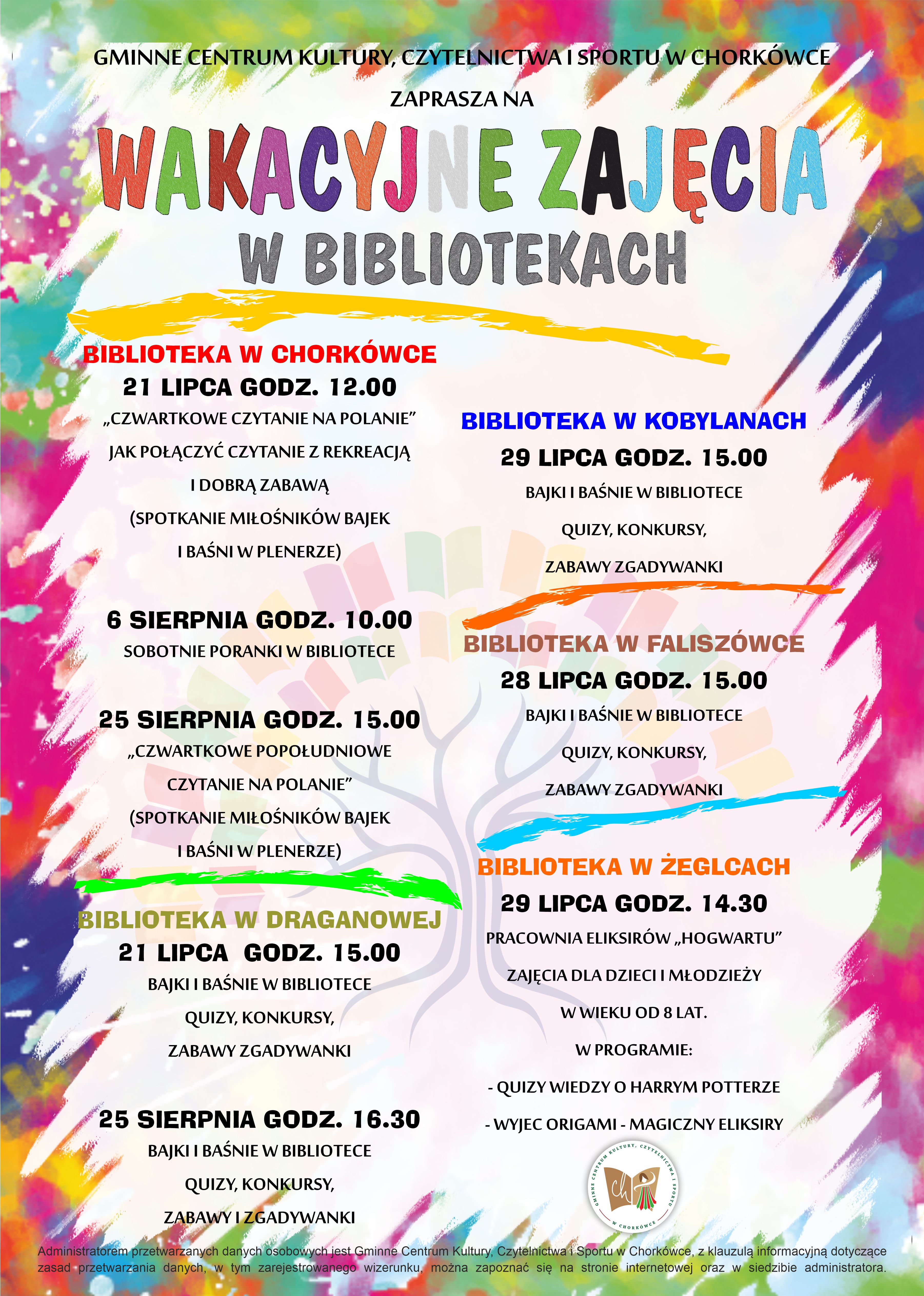 Na zdjęciu znajduje się plakat pt.: Wakacyjne Zajęcia w Bibliotekach 